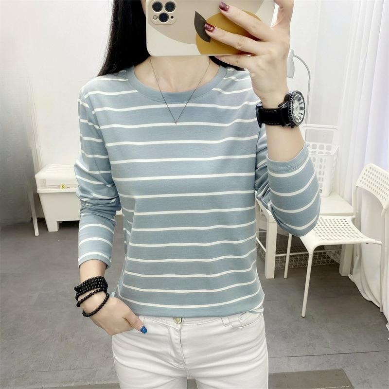 Plus Fat Plus Size Women's Loose Long-sleeved T-shirt Women's Autumn Cotton Striped Bottoming Shirt Top Clothes