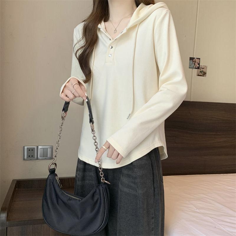 Plus Size Women Casual Hooded Long Sleeve Solid T Shirt Top