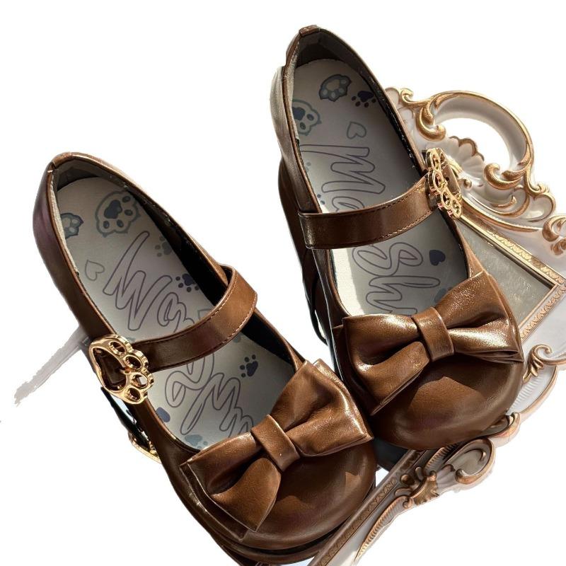 Brown Bow Knot Mary Jane Shoes Women's Round Toe Buckle Strap Cute Casual Shoes