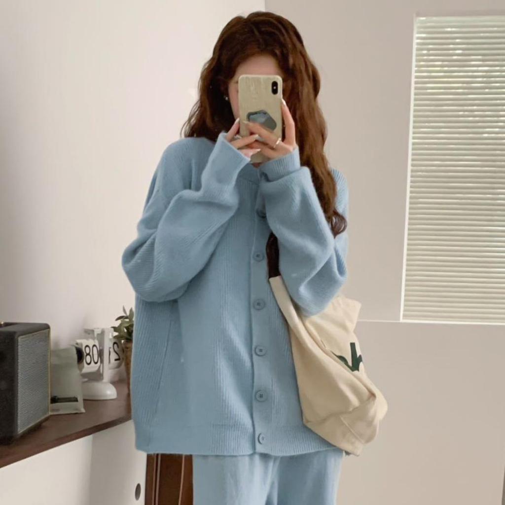 Fashionable Single-Breasted Collared Knitwear Set Women's Autumn/Winter New Arrival Cardigan Sweater Outerwear + Wide Leg Trousers Two-Piece Set