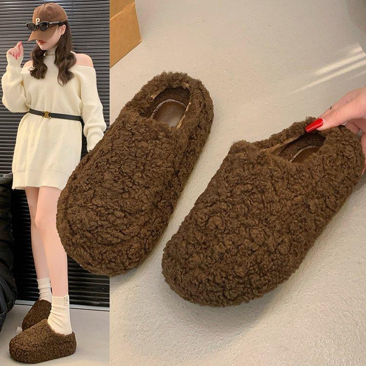 Women Lambswool Platform Slippers Winter Fur Shoes Ladies Flat Cotton Slides Home Pantuflas Daily Slip on Furry Mules Shoes