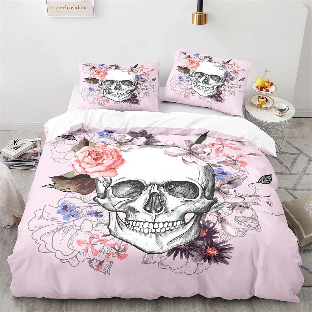 Sugar Skull King Queen Duvet Cover Gothic Skeleton Bones Floral Bedding Set Day Of The Dead Theme 2/3Pcs Polyester Quilt Cover