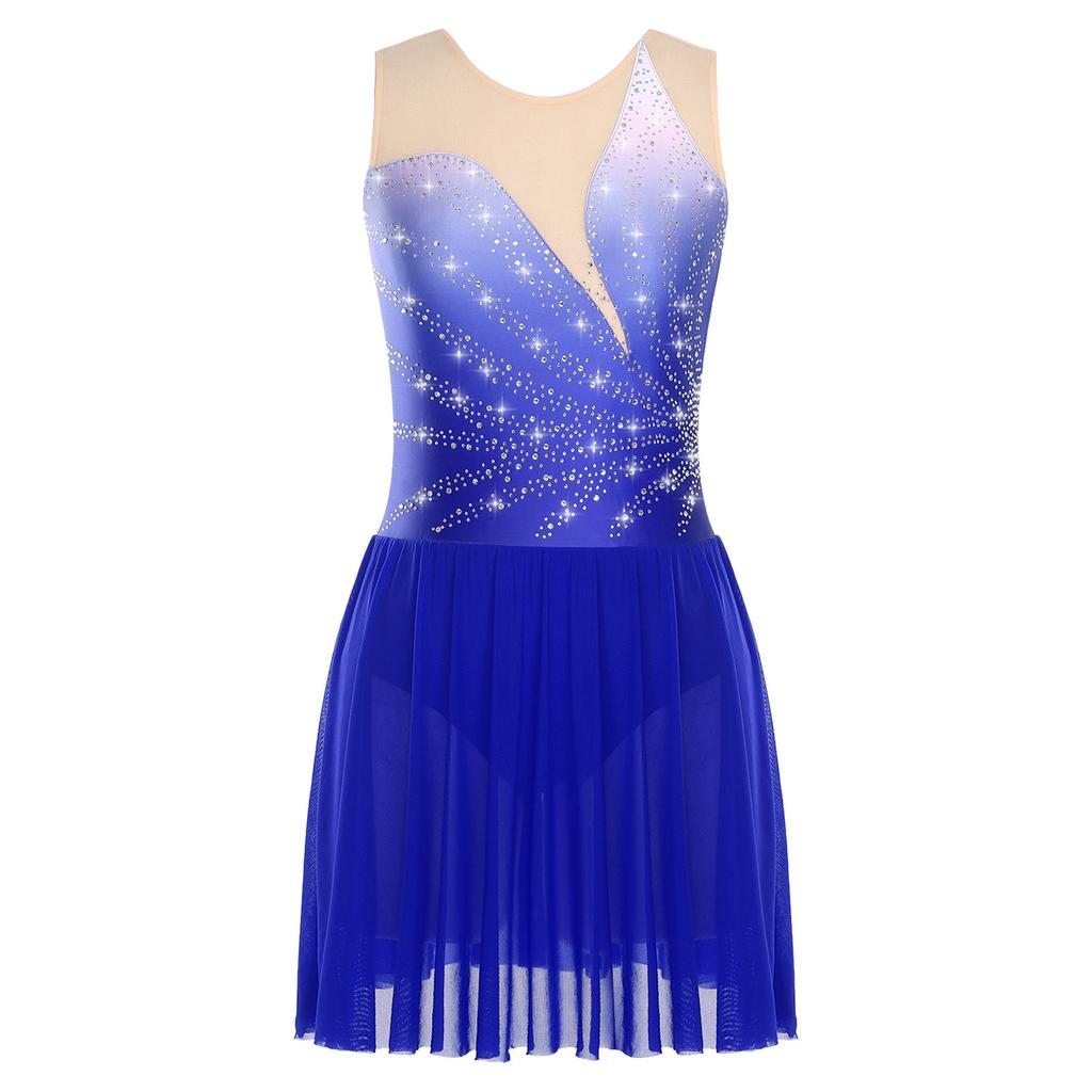 Womens Figure Skating Dress Rhinestones Mesh Patchwork Sleeveless Ice Skating Dress Built In Crotch Briefs