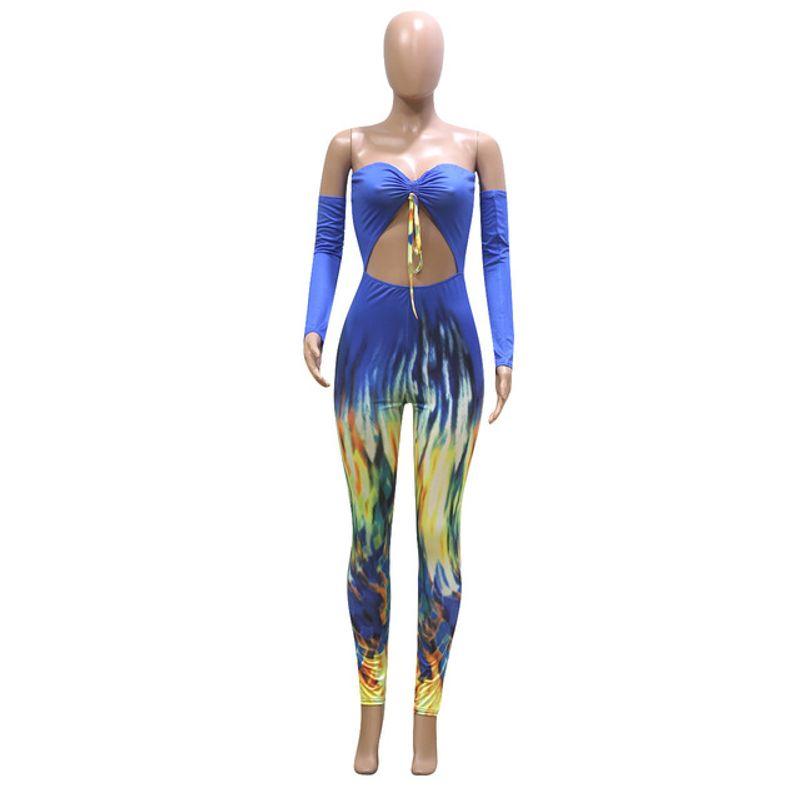 

Cuff Wrap Chest Print Bodysuit Oversleeve Wrapped Chest Print Tight Jumpsuit High Waist Blue XXL