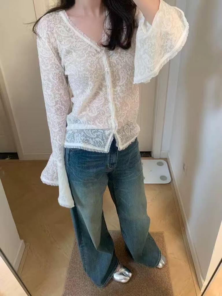 Spring-Summer Korean V-Neck 3D Floral Lace Blouse - Sheer Long Sleeve Sun Protection Top for Women
