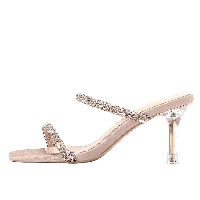 2025 summer new rhinestone one-word strap high heel half-drag women's sandals high heels thin heel transparent casual slippers
