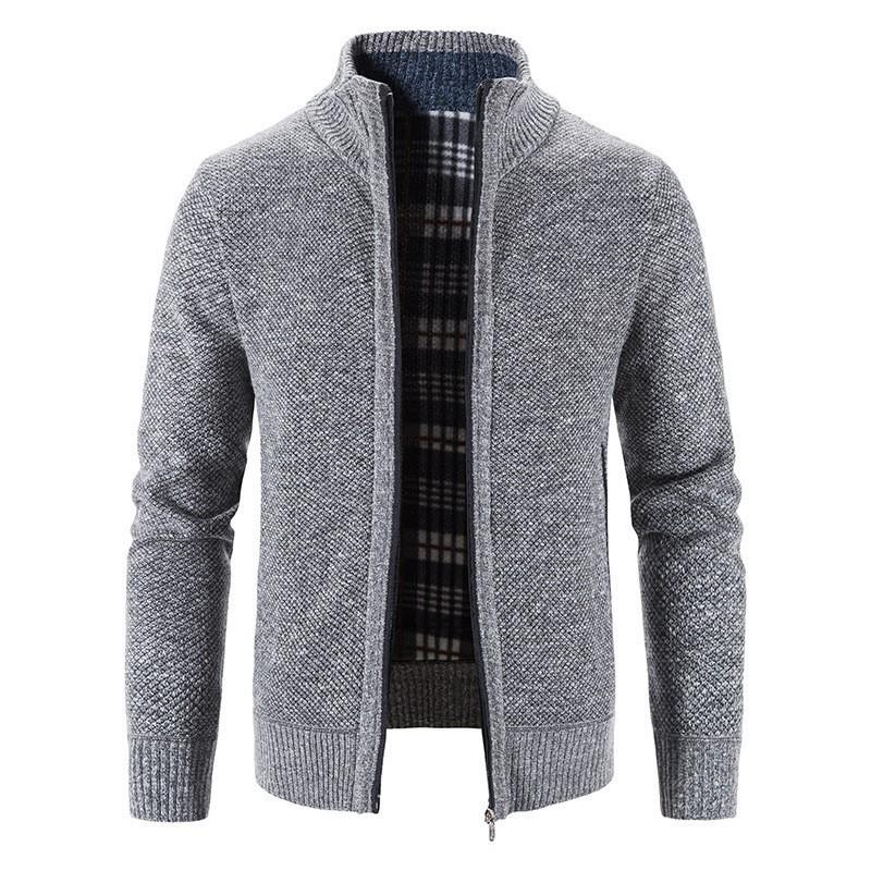 Mens Stand Collar Fleece Lined Solid Loose Knit Zip Up Long Sleeve Sweater Cardigan Coat