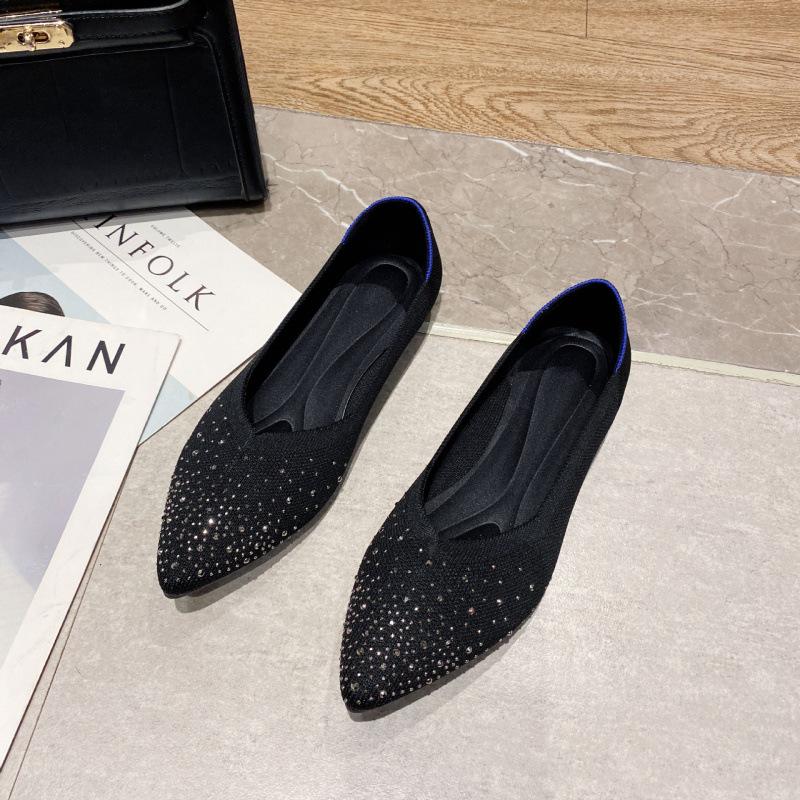 

Цыганские новые туфли-плетенки со стразами, остроносые одинарные туфли, женские трикотажные туфли на плоской подошве, туфли-бини с мелким вырезом 34 чёрный