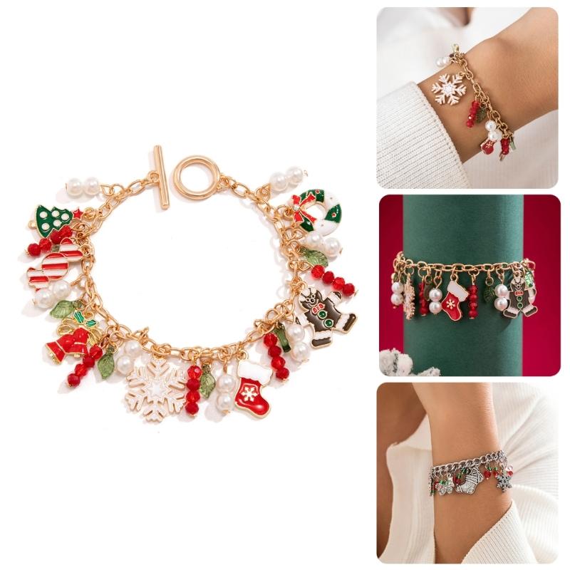 Christmas Bell Bracelet Multi Color Stretch Beads Featuring Snowflakes And Trees Perfect For Holiday Celebrations