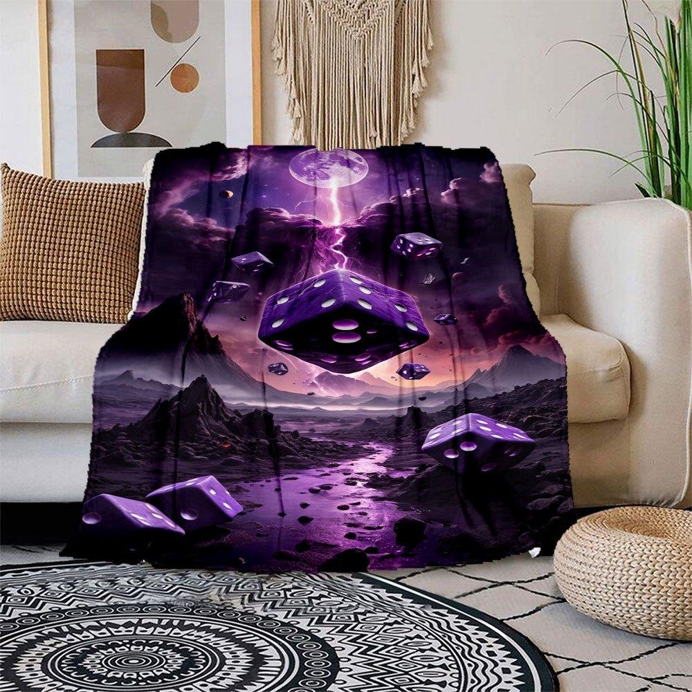 Purple Dice Fantasy Landscape Wall Art PrintBlanket Flannel Throw Blanket for Sofa, Bed, Travel, Camping, Office