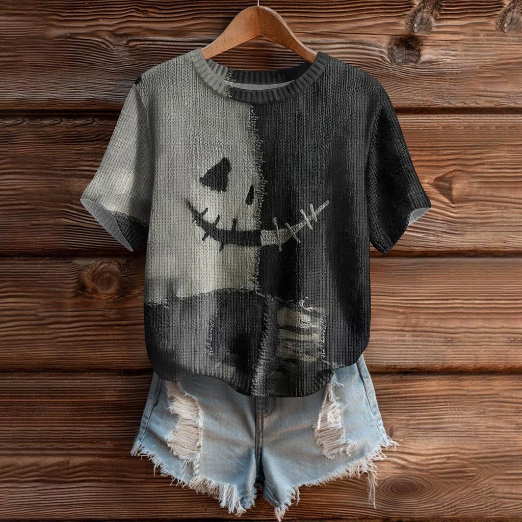 Women's Cute Sweater Knitted Fashion Casual Round-neck Short-sleeved  Cozy Print Top