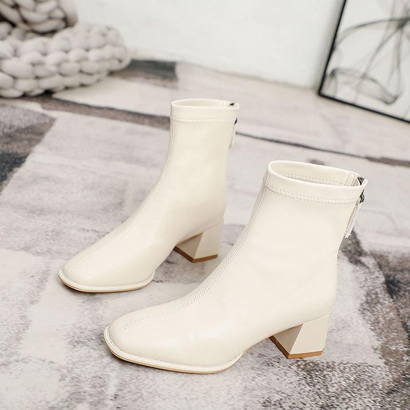 Short Boots Women's High Heel Thick Heel New Boots Soft Leather White French Square Head Autumn and Winter Velvet Medium Tube Thin Boots