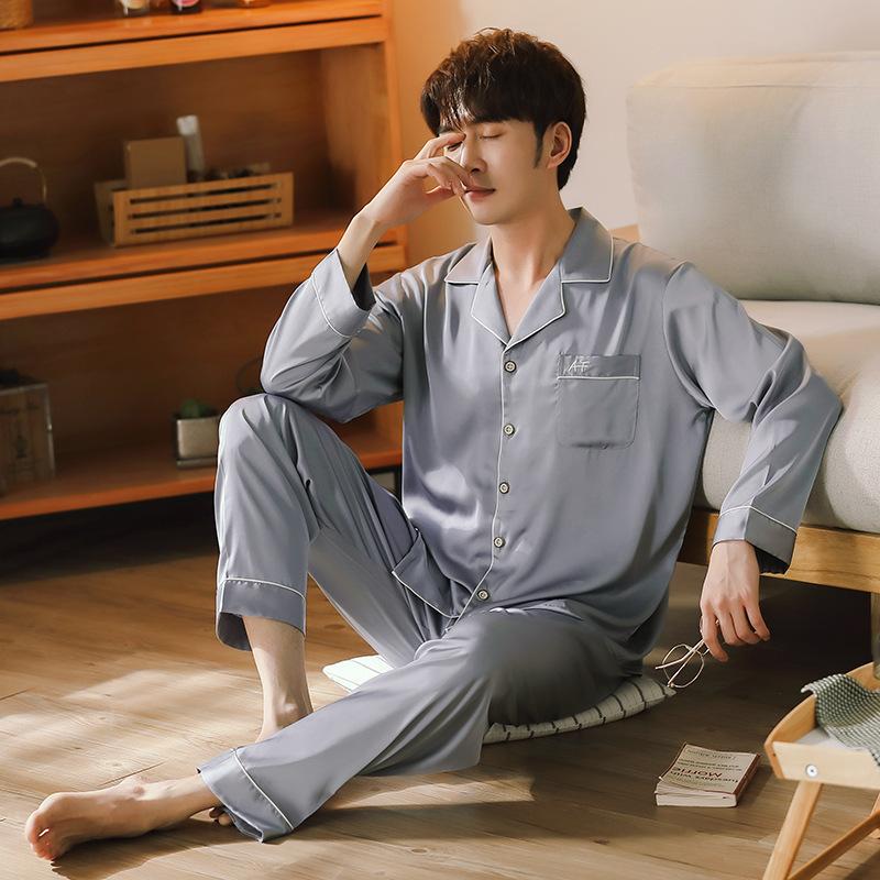 

New couple pajamas spring and autumn soft ice silk long-sleeved suit summer men and women s high-end loungewear XXXL