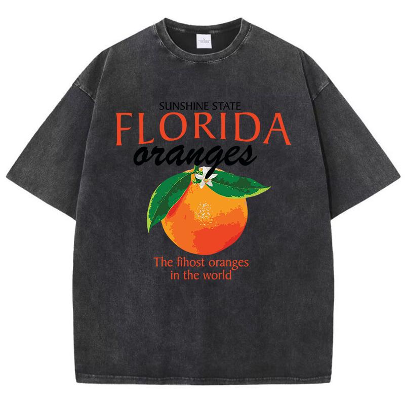 

Florida Oranges Washed T-Shirts Women Fruit Printed Tops Cotton Oversize Crewneck Short Sleeve Tees Street Casual Clothes 3XL
