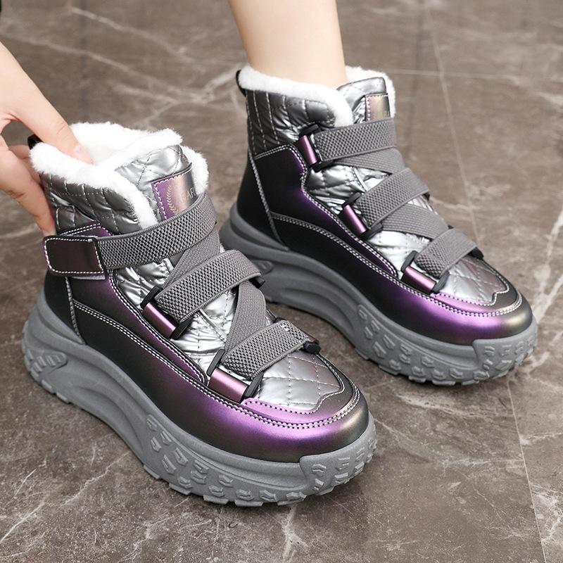 Women's Fashionable High-Top Lace-Up Soft-Sole Winter Warm Fleece-Lined Snow Boots with Fleece Lining Slip-Resistant Casual Athletic Cotton Boots