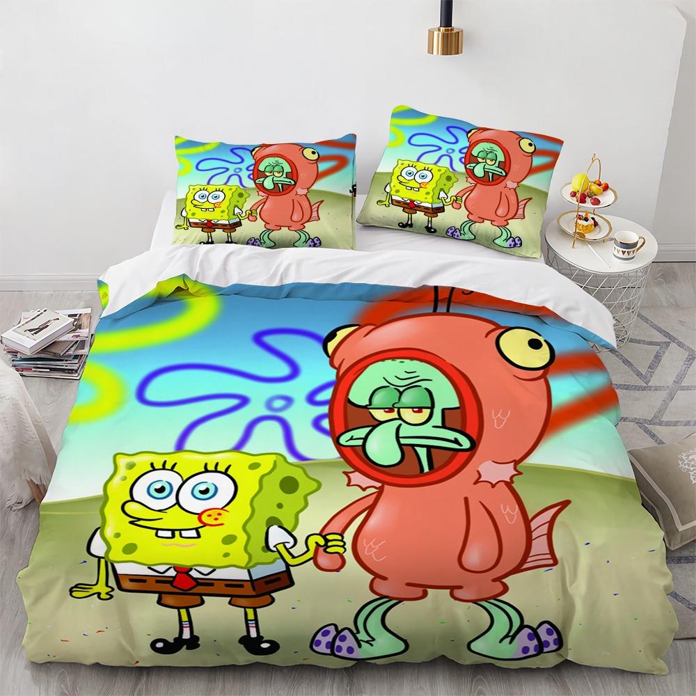 3D Cartoon S-Spongebob Bedding Set Polyester Duvet Cover Pillowcase Kids Bedroom Bed Twin Full Queen Size for Children Room gift 135x200cm