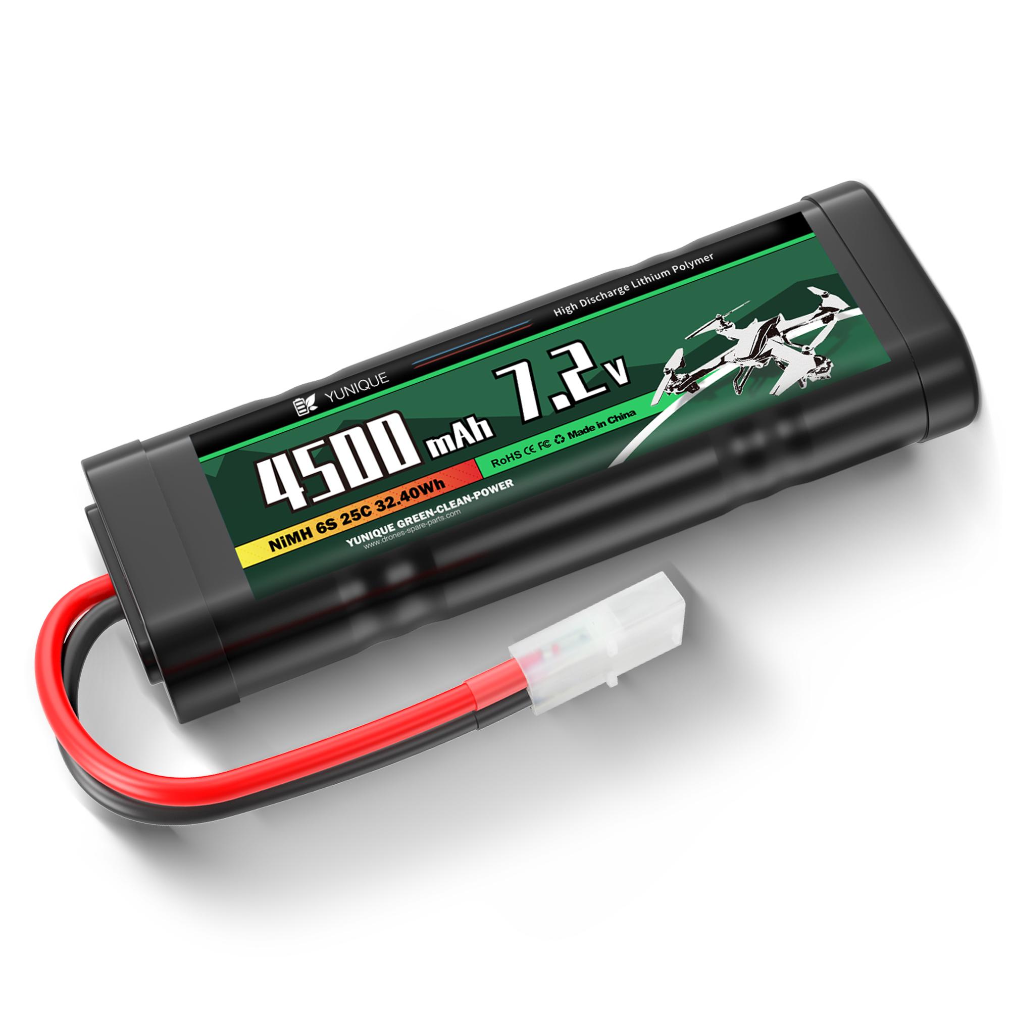 Rechargeable NiMH Battery 7.2V 4500mAh with Tamiya Connector – 6 Cells, Silicone Wire – Power for RC Models nero