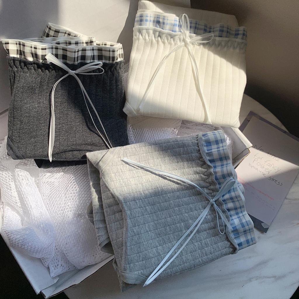 Girl Spring and Autumn Sweet Plaid Edge Splicing 10A Antibacterial Wrapped Hip Mid Waist Triangle Briefs