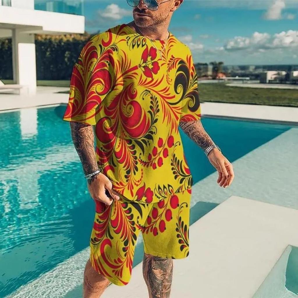 2025 Summer New Men's Luxury Gold Pattern Sportswear 3D Printed Short Sleeve T-shirt Set Fashionable Casual Men's T-shirt