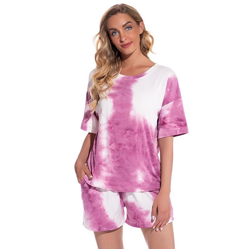 

Colorful Tie-dyed Sexy Pajamas Women s Spaghetti-strap Nightgown Short-sleeved Round-neck Set Summer Home Wear S рожевий