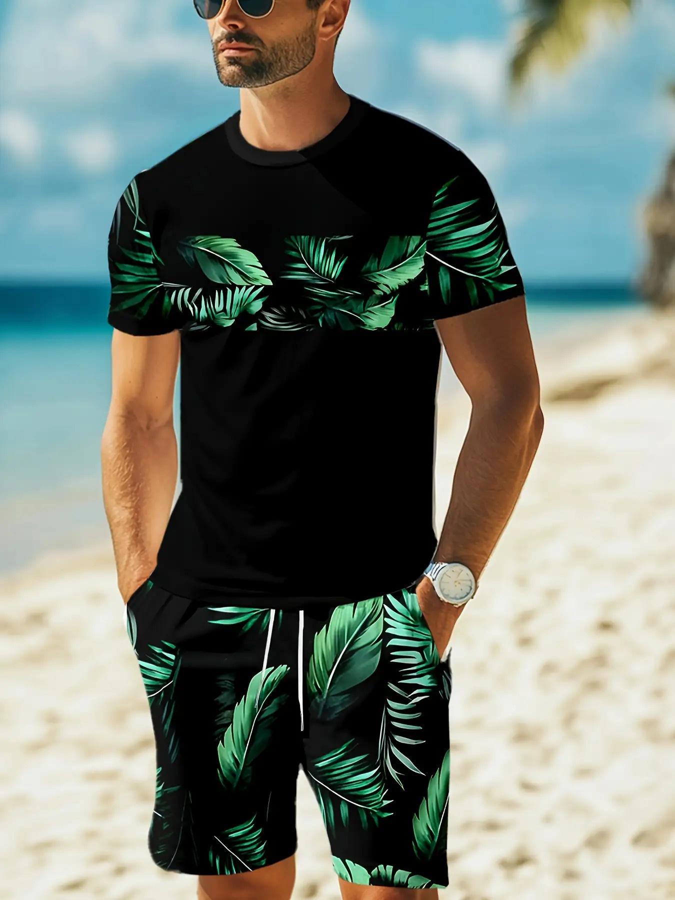 Men s Summer Casual Short-sleeved T-shirt Printed Shorts Two-piece Set S