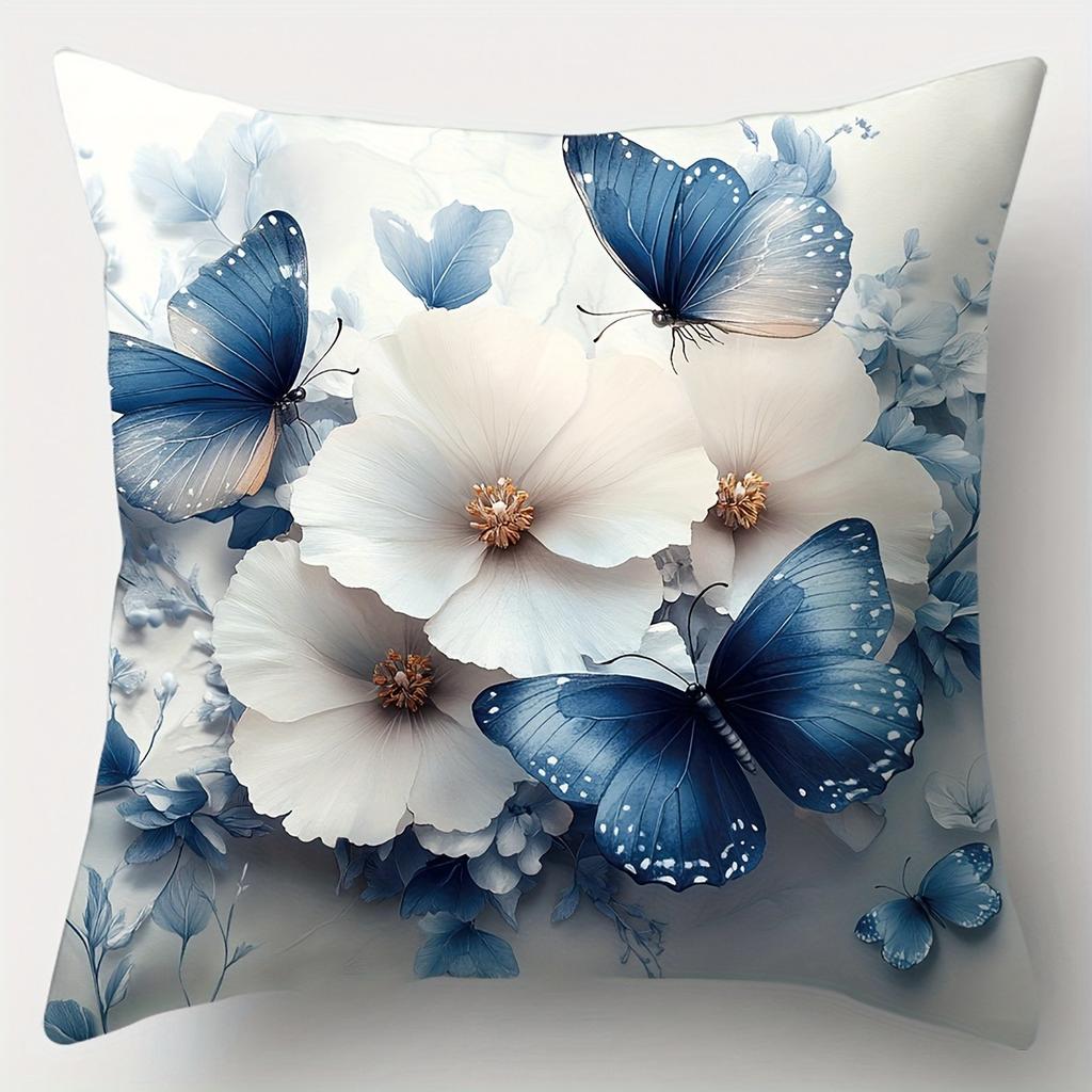 Blue and White Floral Pillowcases with Butterflies Cover Bedroom Sofa Decoration Polyester Cushion Cover with Zipper