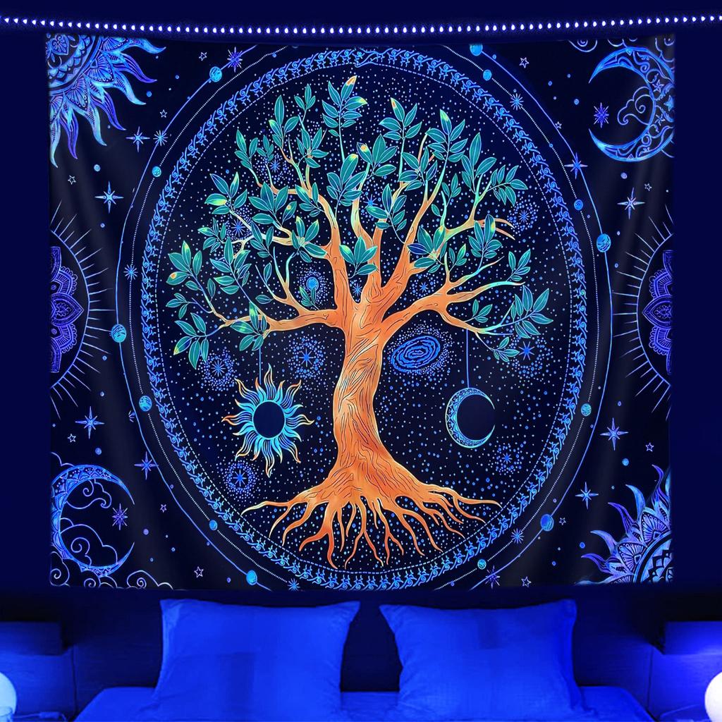 Fluorescent Tapestry UV Night Light Game Controller Mandala Tree of Life Home Room Hanging Cloth T