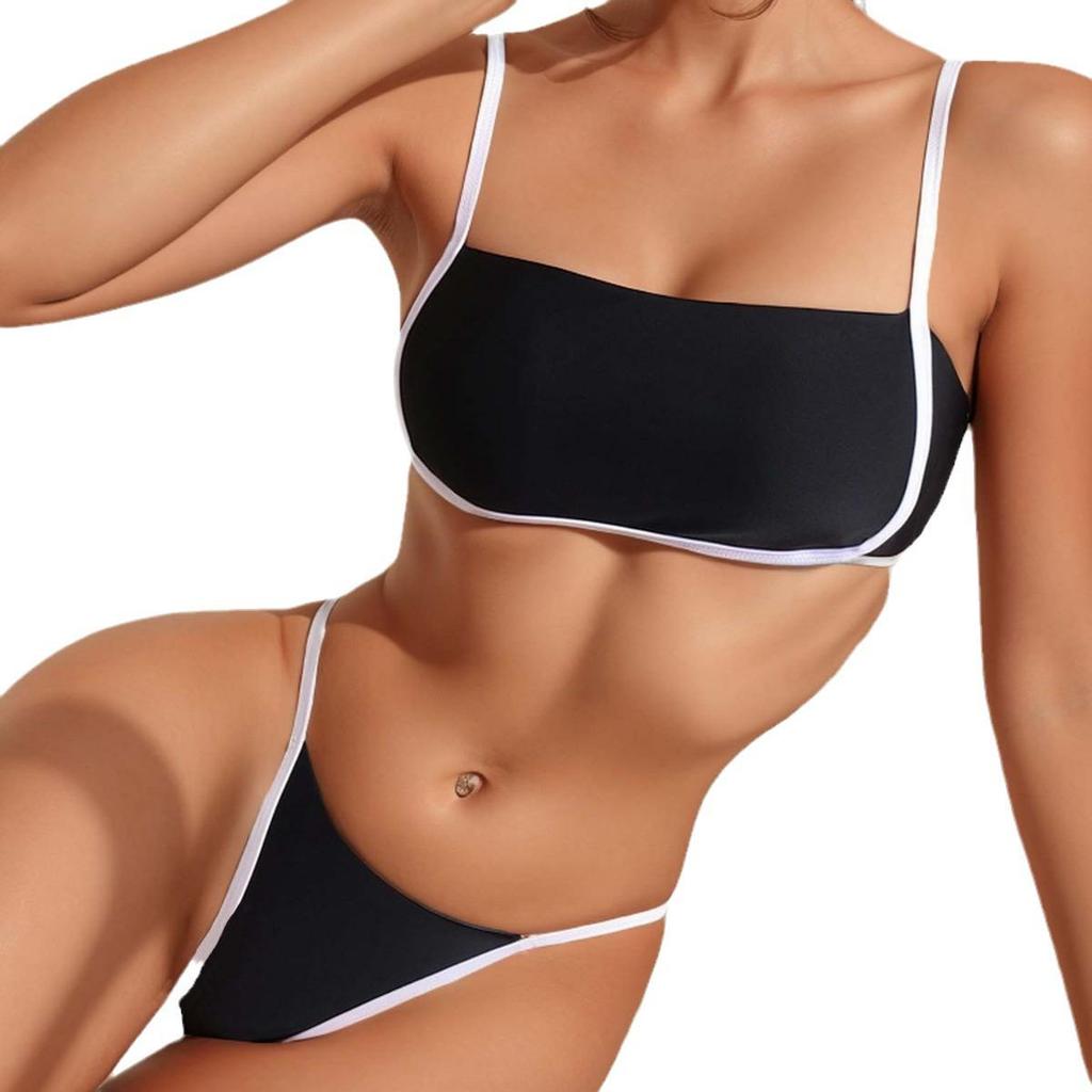 2024 Europäischer & Amerikanischer Farbblock Schnür-Bikini mit niedriger Taille