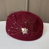 2025 New French Style 100% Wool Beret Cap Winter Hat For Women Elegant Mesh Rhinestone Church Hat Stewardess Hat Chapeau
