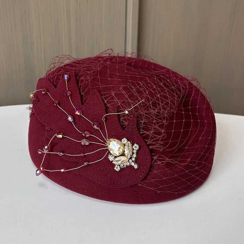 2025 New French Style 100% Wool Beret Cap Winter Hat For Women Elegant Mesh Rhinestone Church Hat Stewardess Hat Chapeau