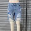 Jeans Shorts Women Summer  Short Pants High Waist Stretch Distressed Washed Diamonds Streetwear Straight Denims