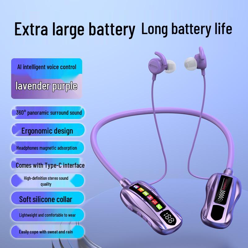M101S Bluetooth Neckband Earphones with Long Battery, TF Card Support, Karaoke, and Back-In Ear Design.