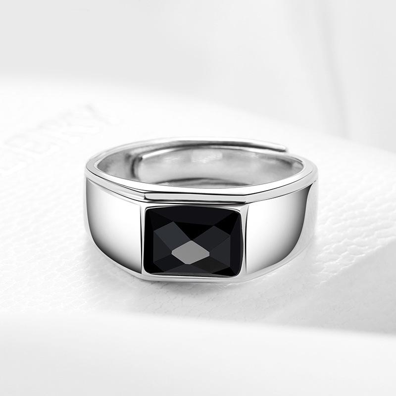 925 Sterling Silver Men's & Women's Open Ring with Black Agate - Elegant and Unique Design