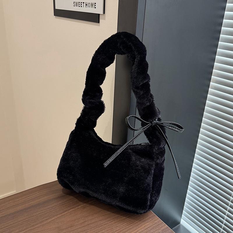 Winter Soft Plush Women Shoulder Underarm Bags Simple Solid Color Ladies Pleated Strap Handbags Portable Female Phe Bag Purse
