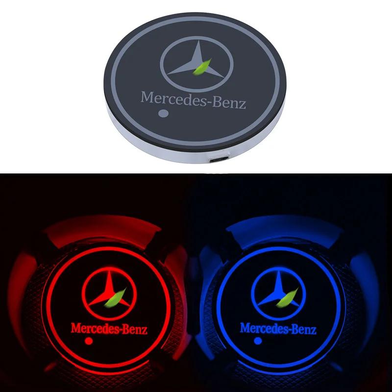 BTT1 1pcs Car Accessories Led Car Logo Cup lights Smart Luminous Water coaster For Mercedes benz AMG A B R G Class GLK GLA C200 E200