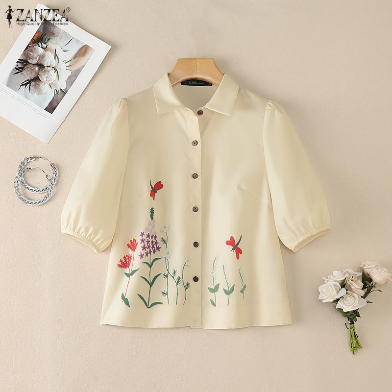 ZANZEA Women Turn Down Collar Casual Floral Print Short Sleeve Blouse