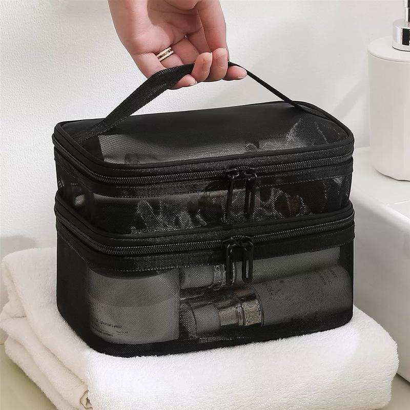 WTEMPO Dwuwarstwowe Torby Kosmetyczne z Siatki o Dużej Pojemności, Podwójny Zamek Błyskawiczny, Przenośne Torby do Przechowywania z Uchwytem na Podróż Służbową, Podróżne Torby z Siatki na Makijaż, Kosmetyczki