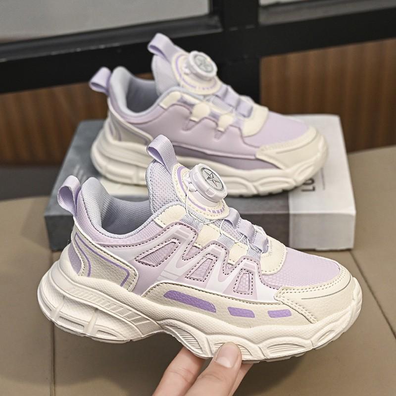 Youth style shoes Girls Chunky Sneakers With Rotary Buckle Breathable Mesh Upper Pink Purple Kids Sport Shoes Fall