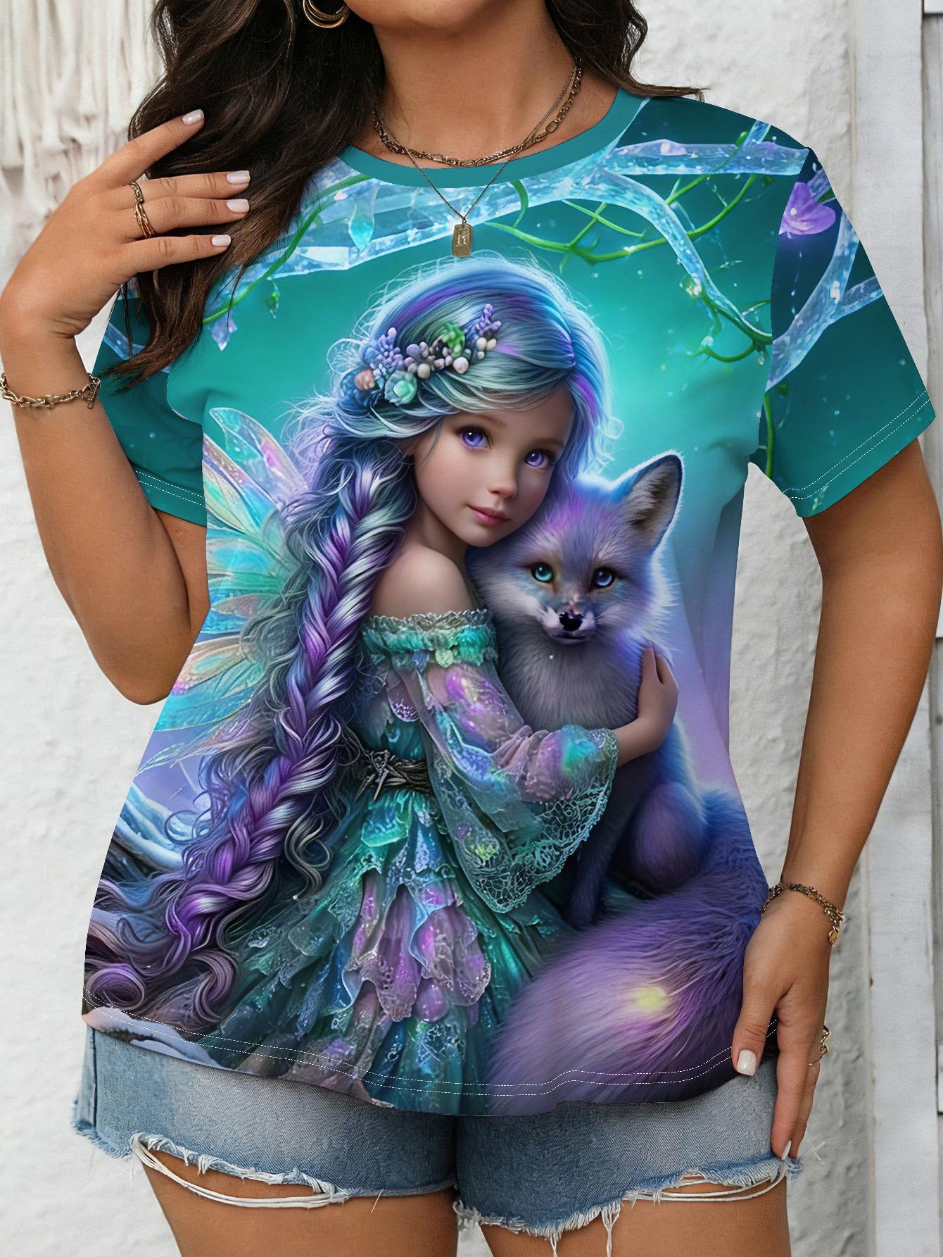 

A Plus-Size Women S Forest-Style Elf Purple Fox Blue Gradient Print Round-Neck Casual T-Shirt. Made of Soft And Comfortable Fabric. Machine Washable. S дубильная кора