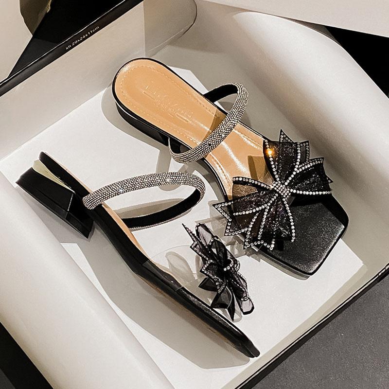 New Shoes for Women Summer Beautiful Mesh Bowknot Sandals Girl Middle Heels Pumps Ladies High Heels Shoes 35-43