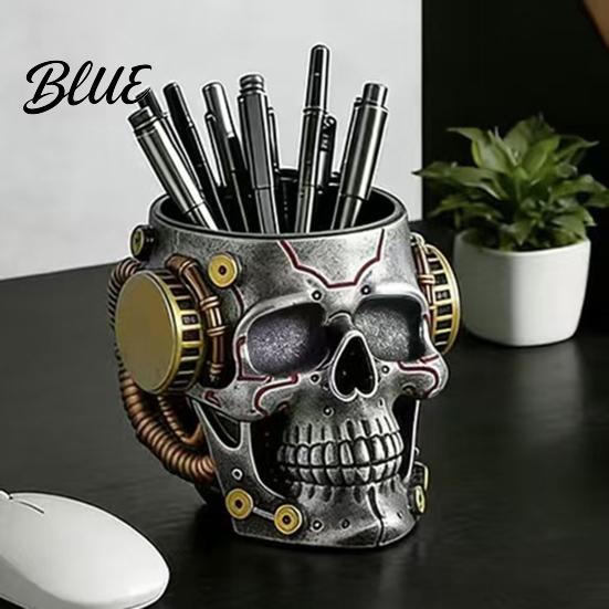 Skull Shaped Desk Accessory Pen Holder, Spooky Resin Makeup Brush Holder Multi-functional Desktop Organizer for Home Office, Halloween Decor