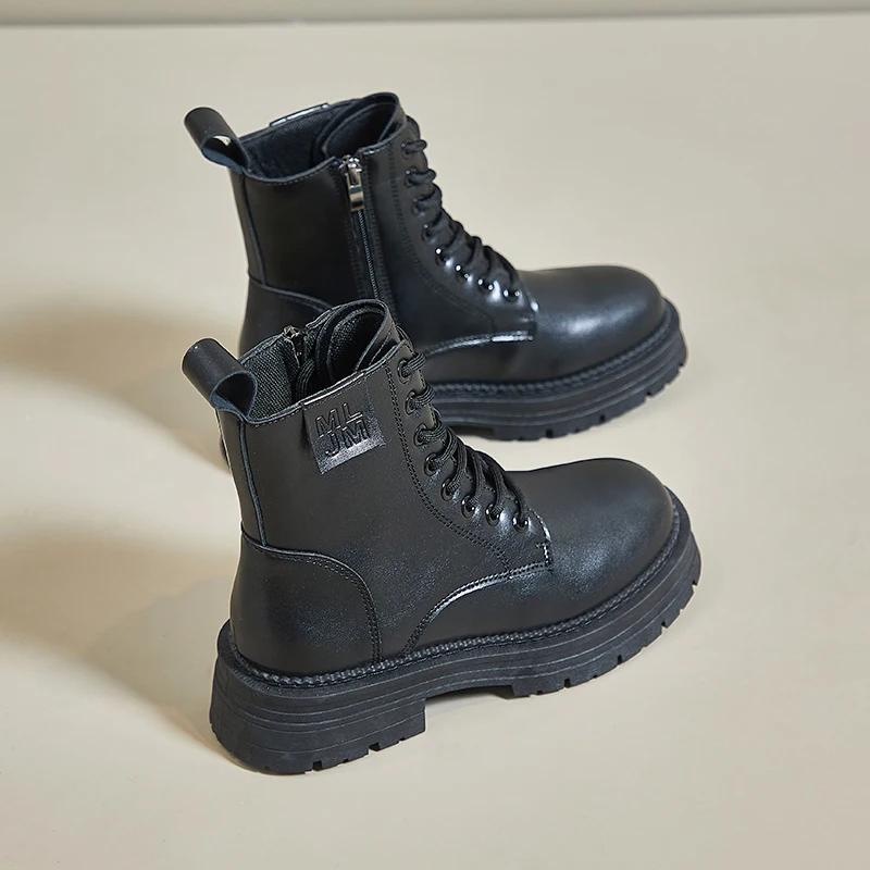 Boots Women New  Shoes Zipper Black Genuine Lolita Leather Ladies Autumn Rock Retro Winter Boots Genuine Leather Fur Boots-W