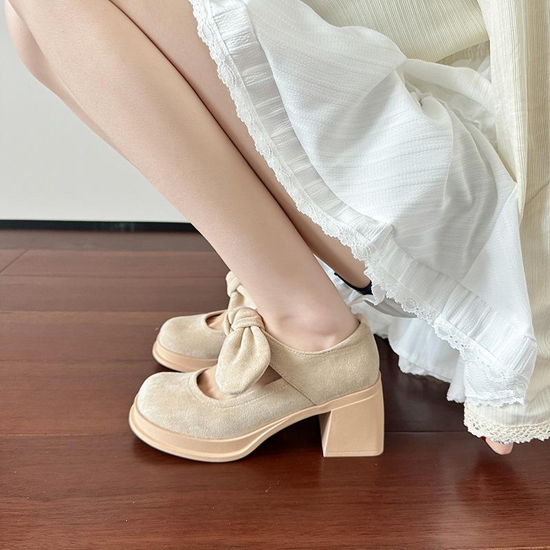 Suede college wind waterproof table Mary Jane shoes round head soft sole high heel bow suede thick heel light mouth single shoes women