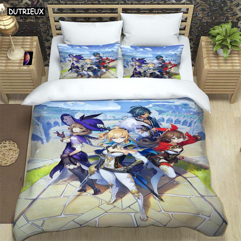 Genshin Impact Bedrucktes Polyester Bettwäscheset Für Jungen Und Mädchen Dreiteilig Bequem Weich Paar Geschenk Bettwäschesets
