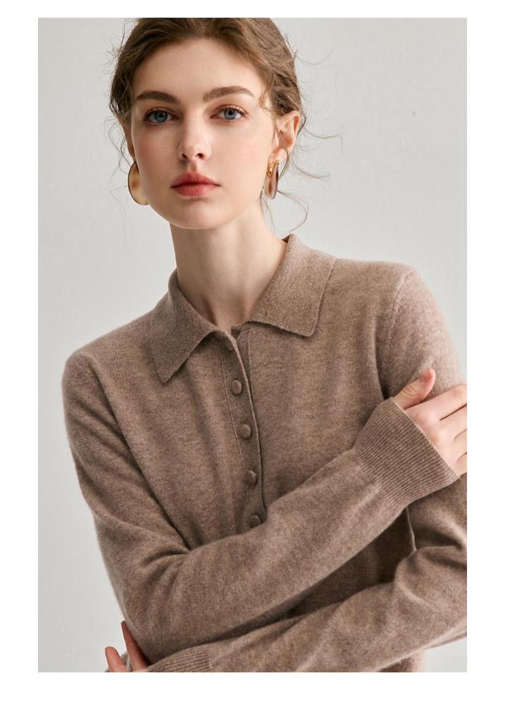 Women's 100% Pure Cashmere Polo Collar Sweater - Autumn/Winter Long Sleeve Loose Knitted Pullover