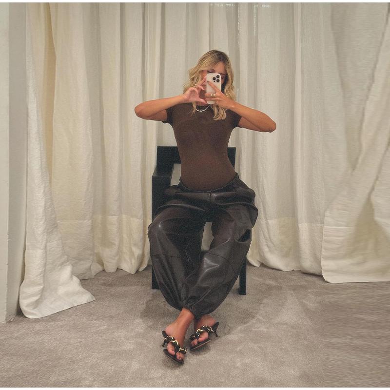 Drawstring Drawstring Lantern Leather Pants Women's Solid Color Autumn and Winter New Leather Pants Daily All-match Style Women's Pants