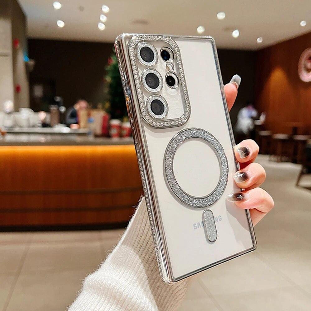 Husă de telefon transparentă, placată magnetică de lux, pentru Samsung Galaxy S24 S23 S22 Ultra Plus, cu sclipici, husă moale de protecție pentru lentile diamantate