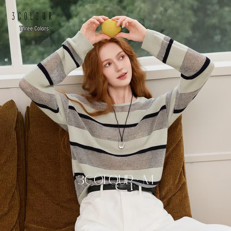 Women s Striped Knit Long Sleeve Pullover Sweater S