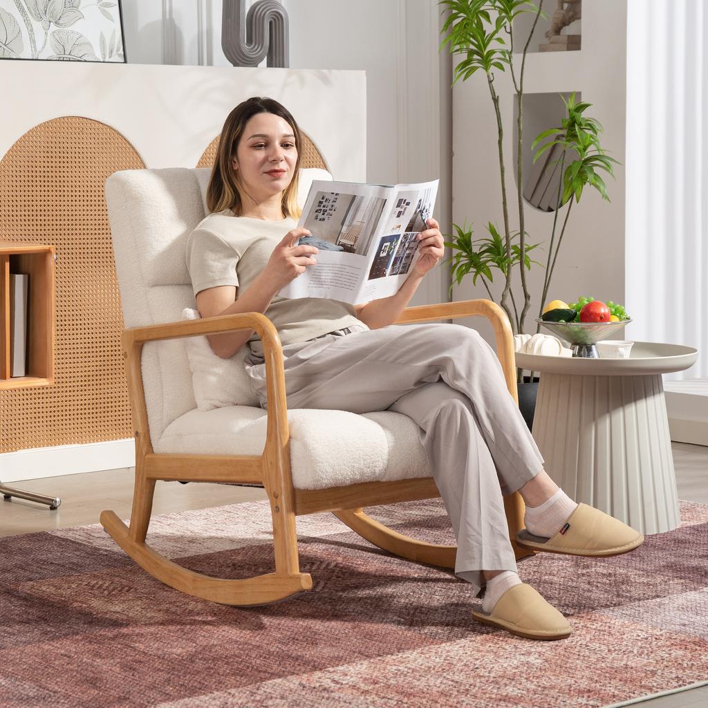 Rocking Armchair 90 degrees-130 degrees with Lumbar Cushion upholstered in Sherpa Fabric, 64.5x82x89 cm, White and Wood Colour