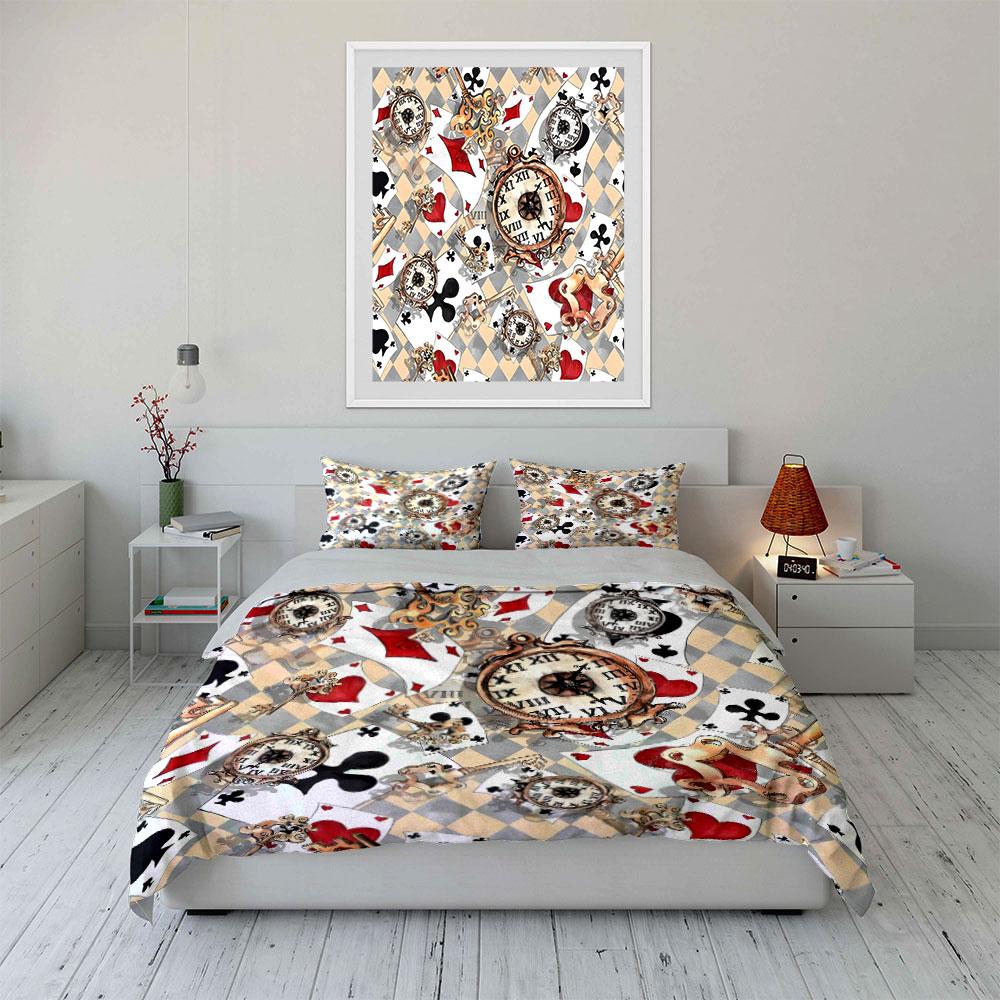 Playing Cards with Vintage Clock Decor Print Bedding Set 1Duvet Cover 2Pillowcases for Adult and Children Luxury Gift Full Size